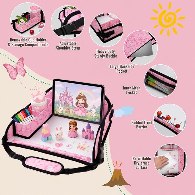 Kids Travel Tray for Car Seat, Toddler Car Seat Activity Tray, Kids Carseat Lap Table, Road Trip Essentials for Airplane, Lap Desk for Kid Roadtrip Activities, Butterfly - Image 5