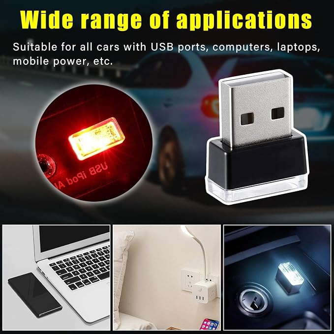 Augeny 4 PCS USB LED Car Interior Atmosphere Lamp, Plug-in USB Decor Night Light, Portable Auto Ambient Lighting Kit, Universal Vehicle Interior Accessories for Most Cars (White+Red+Blue+Ice Blue) - Image 6