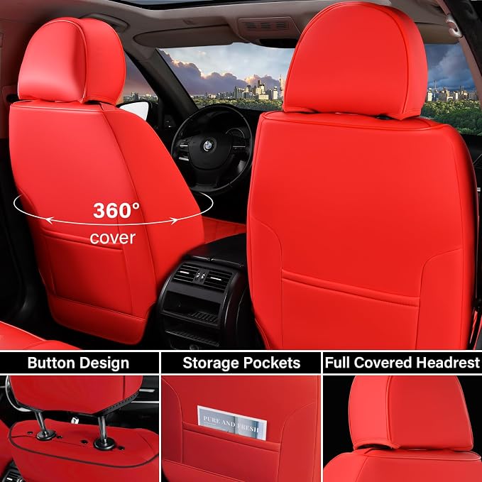 Coverado Leather Car Seat Covers Full Set, 5 Seats Seat Covers for Cars, Waterproof Car Seat Cushions, Front and Rear Seat Protectors Universal Fit Most Vehicles (Red&Beige) - Image 4
