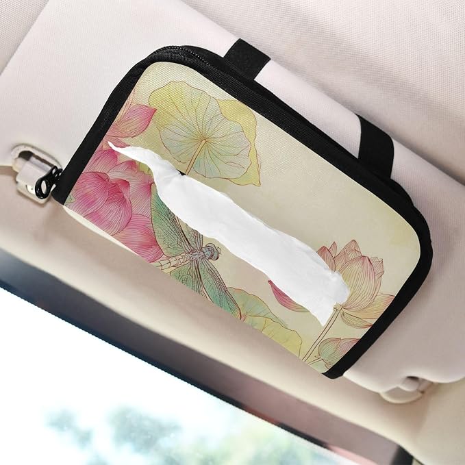 Car Tissue Holder Car Napkin Holder Tissue Box Dispenser Storage Case Sun Visor Mask Holder Accessories with Adjustable Straps Reusable Refillable Dragonfly Lotuses Yellow - Image 7