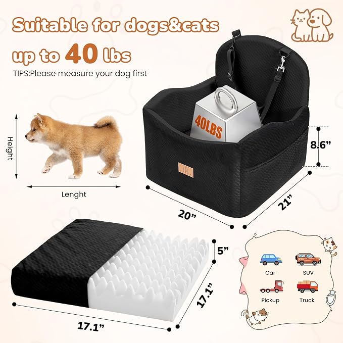 Dog Car Seat for Medium/Small Dogs, Dog Booster Car Seat, Pet Booster Seats Up to 40lbs with Waterproof Layer, 3 Storage Pockets and Safety Belt (Black) - Image 5