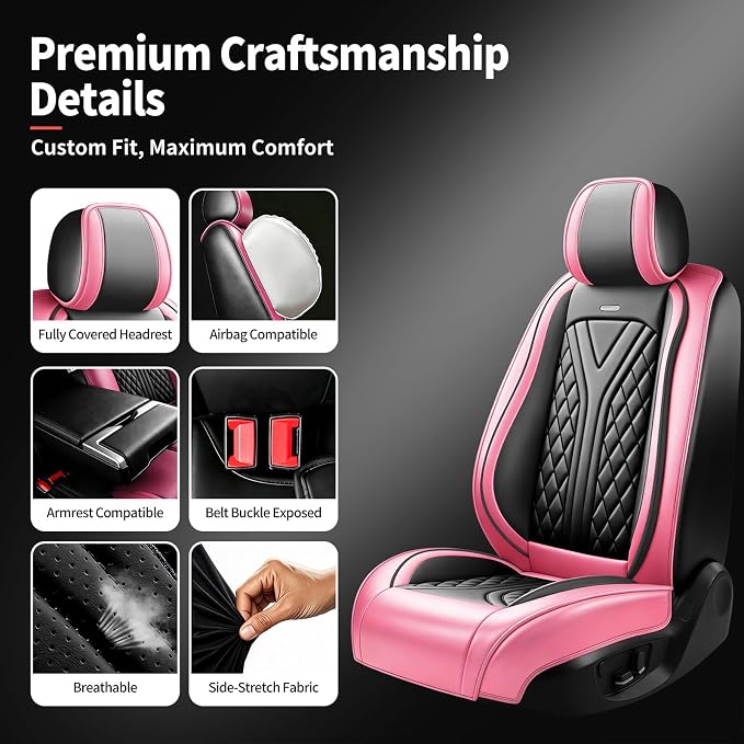 for Subaru Forester 2009-2026 Car Seat Covers, Full Set, Pink | Luxury Full Coverage Leather Seat Protectors, Waterproof Breathable, Non-Slip, Easy to Install, Airbag Compatible, All-Season - Image 7