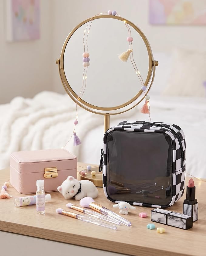 Clear Checkered Makeup Bag, Small Cosmetic Pouch with Zipper Mini Waterproof Makeup Purse Organizer Cute Cosmetic Bag Travel TSA Approved Toiletry Bag Car Organizer for Women Girls (Black) - Image 8