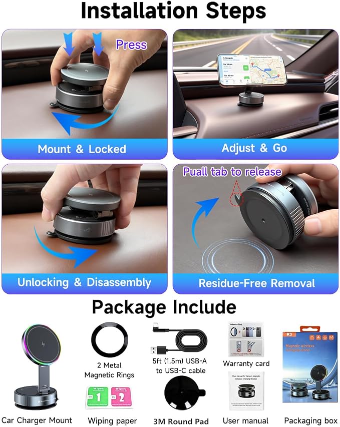 for Magsafe Car Mount Charger 15W Fast Charging Wireless Car Charger Holder | [120LBS Suction &3800gf Magnet] 780° Adjustable, Vacuum Magnetic Phone Holder for Your Car for iPhone & Android, Metal Stand - Image 9