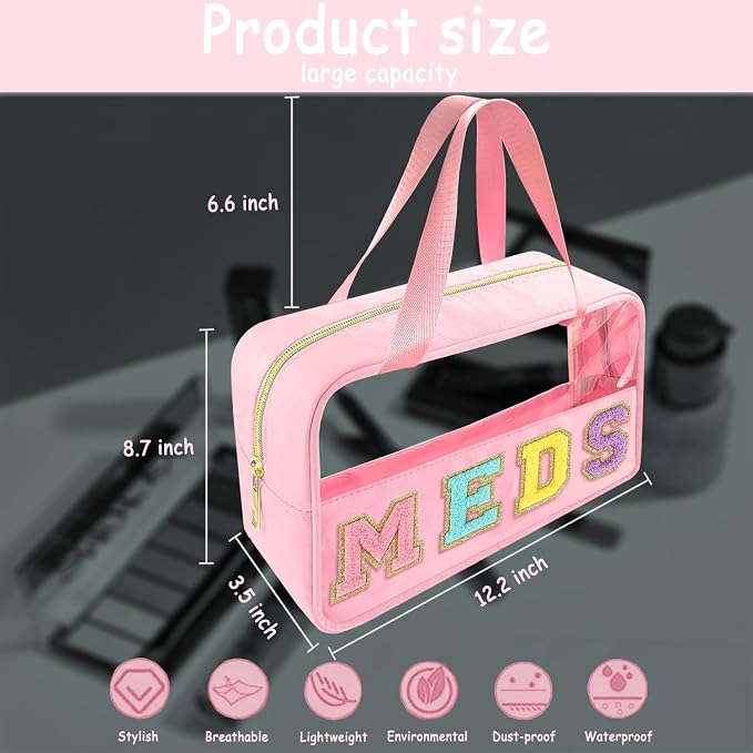 Bunliuys Chenille Letter Clear Makeup Bag Meds Patch, Travel Toiletry Makeup Bag with Handle, Nylon Waterproof Makeup Bags clear cosmetic bag, preppy patch makeup bag for Women (MEDS-Pink) - Image 2