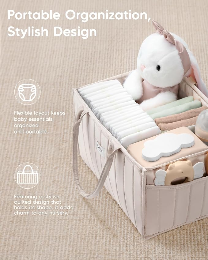 Maliton Baby Diaper Caddy Organizer with 2 Side Pockets, Portable, Beige | with Handle and Removable Dividers, Nursery Storage Basket, Car Organizer for Diapers & Wipes. Boy & Girl Shower Gift - Image 5