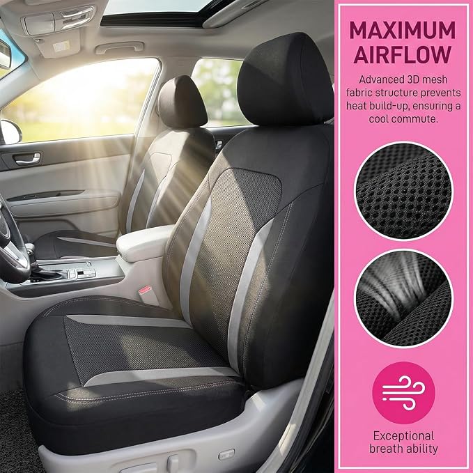 Car Seat Cover Full Set, Breathable Split Anti-Slip Vehicle Front Rear Seat Protector with Removable Headrest Guard, Automotive Interior Chair Protective Covers, Universal Fit (Gray) - Image 3