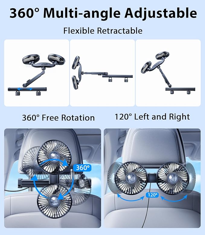 Long Arm Dual Head Car Cooling Fans for Back Seat for Kids, Usb 5V/ 12V /24V Car Backseat Headrest Fan for Baby Rear Facing, Car Seat Cooler That Blow Cold Air for Vehicles Sedan Suv Without Ac - Image 3