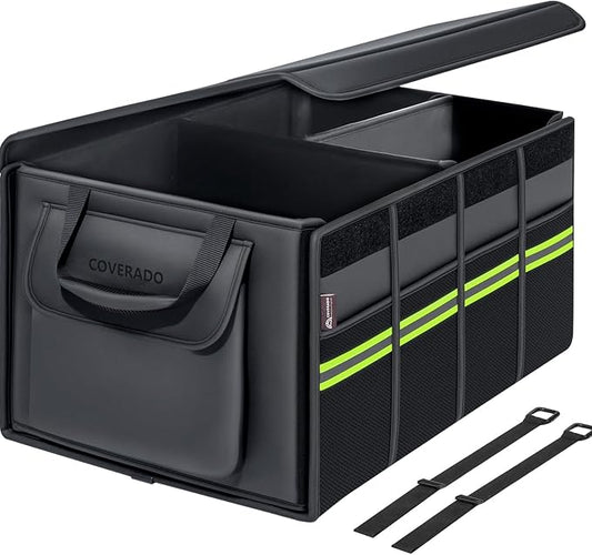 Coverado Car Trunk Organizer - 70L Nappa Leather Trunk Organizer for SUV with Lid, Multi Collapsible Car Storage Organizer Foldable, Multi Compartments with 2 Straps for SUV/Truck by COVERADOAUTO