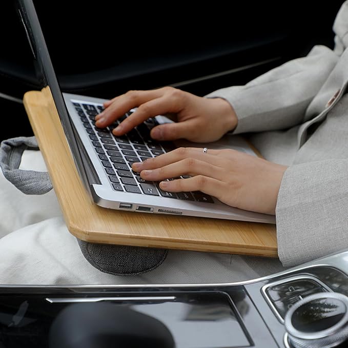 Bamboo Lap Desk for Laptop with Cushion Tablet Phone Holder Handle | Laptop Stand with Anti-Slip Strip Fits up to 14 inch Portable Computer Lap Desk for Couch, Bed & Car - Image 2