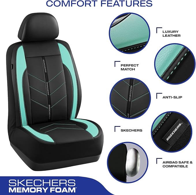Skechers Car Seat Covers,Luxury Faux Leather Seat Covers,Waterproof Anti Slip Car Seat Protector Front Seats,Car Accessories Airbag Universal Fit for Most Cars,Vans,Trucks,SUV,Mint - Image 3