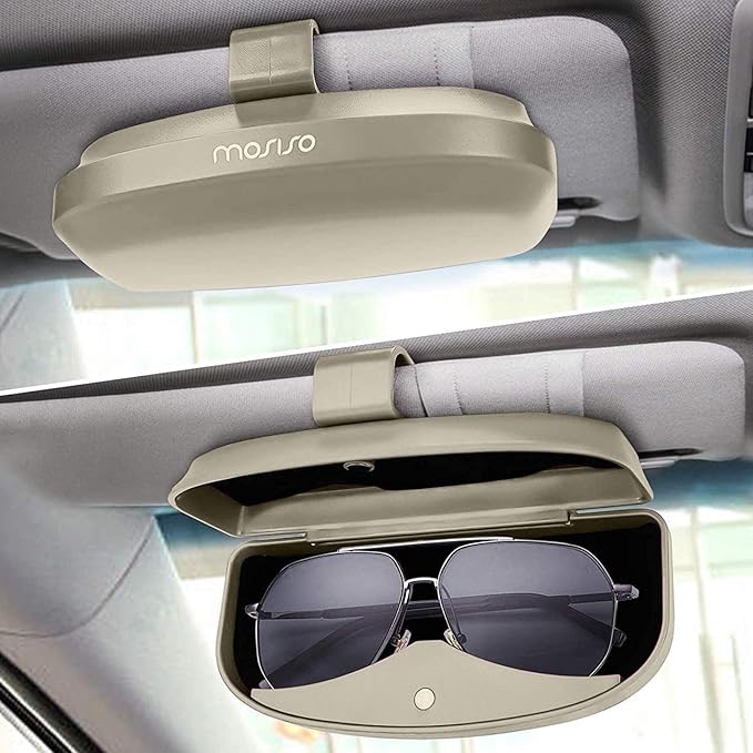 MOSISO Car Visor Sunglasses Case, ABS Eyeglasses Holder Protective Box | Universal Automotive Clip Eyewear Hard Shell Storage Organizer with Magnetic Closure and Double Card Clamp, Beige - Image 2