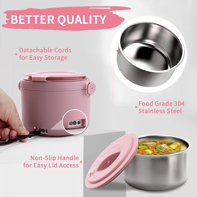 Electric Lunch Box, 32 oz Portable Food Warmer Heater, Lunch Warmer Portable for Work/Office/Car/Travel 12V/24V/110V 3-in-1, Warming Soup & Meal, Spill-Free, Men & Women's Gifts, Pink - Image 5