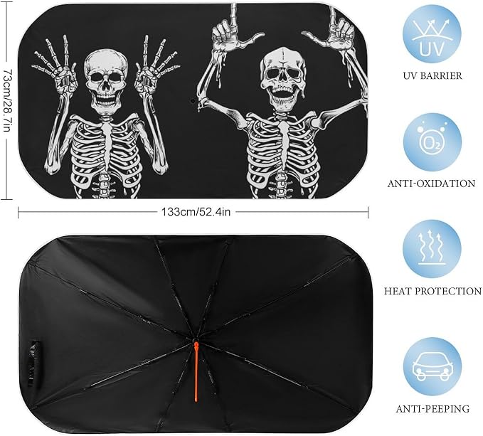 Funny Skeleton Car Windshield Sun Shade Umbrella, Car Windshield Sunshades Cover with 360¡ã Rotation Bendable Handle, Foldable Sun Shade for Most Vehicles - Image 3