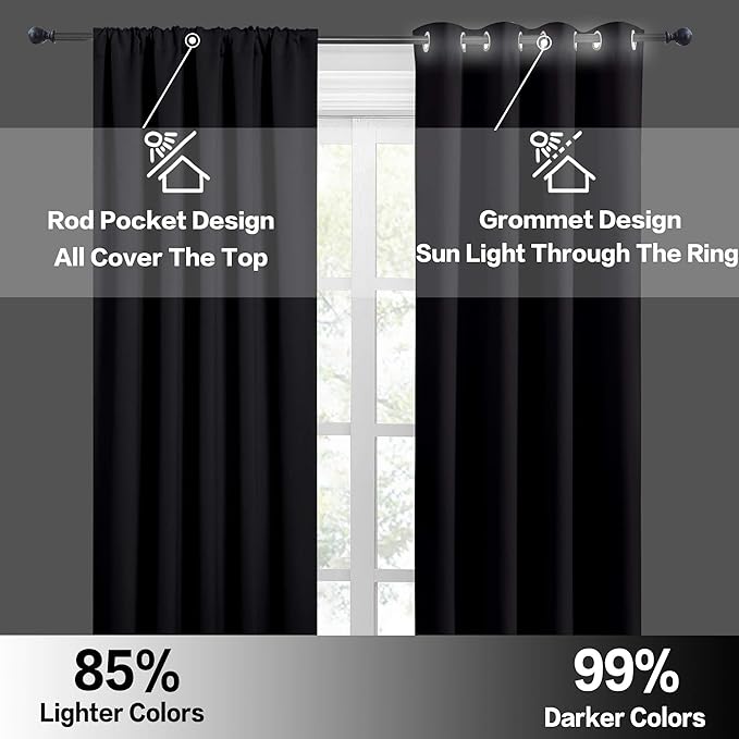 RYB HOME Short Blackout Curtains for Small Window Kitchen Bathroom Cafe RV | Sunmmer Heat Light Blocking Privacy Energy Saving Curtains for Sunroom Laundry Room Stair Window, W52 x L36, Black, 2 Panels - Image 5