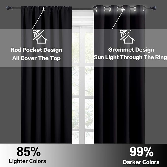 RYB HOME Cafe Blackout Curtains 24 inch Length, RV Camper Window Curtains | Short Small Half Window Tiers, Privacy, Thermal Insulated, Light UV Heat Blocking, Rod Pocket, W29 x L24, Black, 2 Panels - Image 5