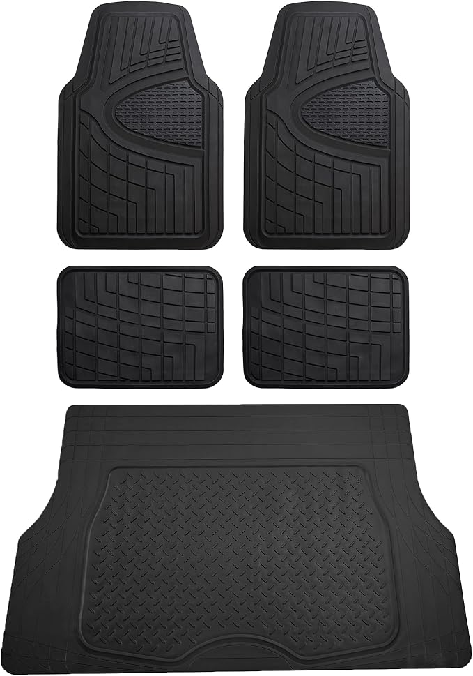 FH Group Premium Liners Tall Channel Trimmable All Weather Rubber Full Set Car Floor Mats (Black) w. Trimmable All-Season Cargo Liner (Black) - Universal Fit for Cars Trucks and SUVs by FHGroup
