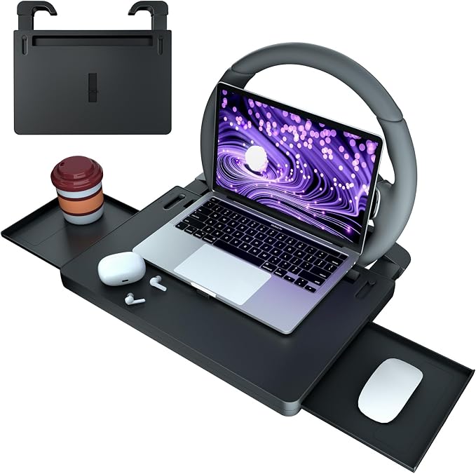Extendable Steering Wheel Tray, Adjustable Car Laptop Desk Table | ABS, 22 lb capacity, 15-26 in extendable tray, 360° buckle, tablet slot, fold-flat storage, for parked work and dining by Cxprctpu