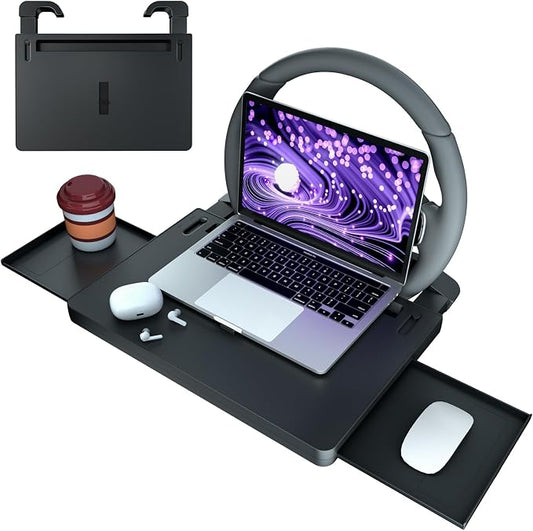 Extendable Steering Wheel Tray, Adjustable Car Laptop Desk Table | ABS, 22 lb capacity, 15-26 in extendable tray, 360° buckle, tablet slot, fold-flat storage, for parked work and dining by Cxprctpu