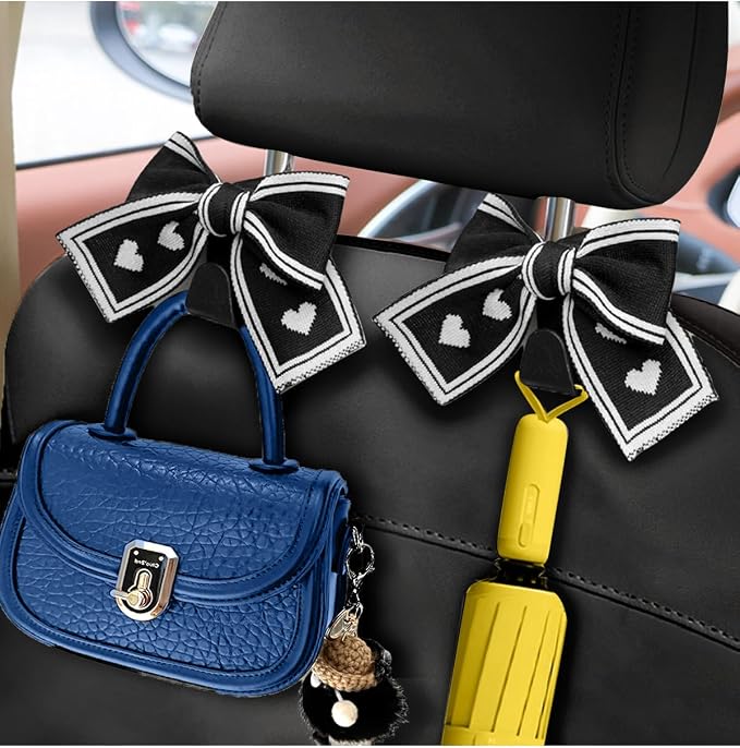 2-Pack Cute Bow Car Purse Hooks, Headrest Hangers, Flower | Cute bow hooks keep purses and bags organized within reach while saving space; fits most car headrests - Image 2