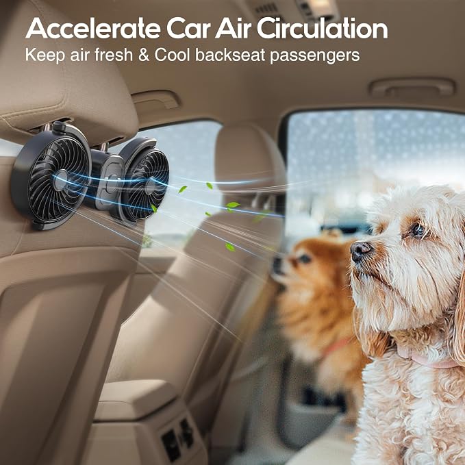 Dealswin Rechargeable Car Fan for Backseat Kids Baby, Battery and USB Dual Power Car Fans, Powerful 3 Speeds 360° Rotatable Dual Head Cooling Car Seat Fan for Sedan SUV RV Truck Vehicle - Image 8