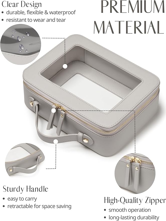 Clear Makeup Bag Toiletry Case Travel Transparent Cosmetic Bag with Zipper, Portable Make Up Organizer Traveling Compact Car Bag for Essentials, Beige Grey - Image 2