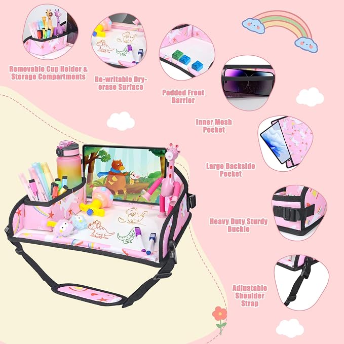 Kids Travel Tray for Car Airplane - Car Seat Tray for Kids Travel, Toddler Carseat Lap Table, Road Trip Essentials, Lap Desk for Kid Roadtrip Activities, Pink Unicorn - Image 5
