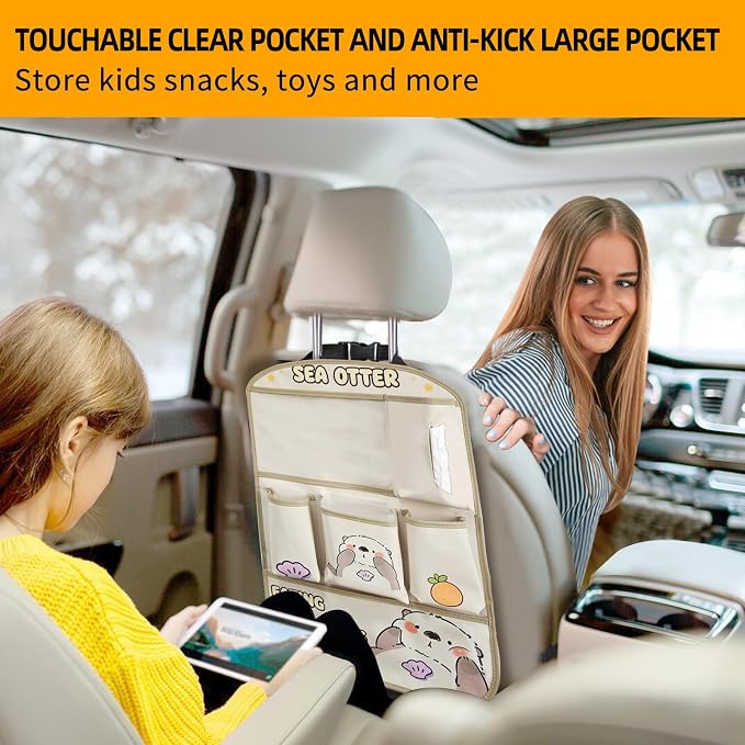 kids Leather Car Backseat Organizer with Foldable Table Tray, Car Storage Organizer with Tablet Holder, Car Seat Back Protectors Kick Mats, Travel Accessories (SEA OTTER) - Image 4