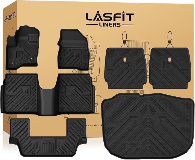 LASFIT Floor Mat Set for 2009–2019 Ford Flex & 2010–2019 Lincoln MKT | Custom Fit All Weather Floor Mats Cargo Liner & Seat Back Protectors – Premium TPE Interior Full Coverage Protection 3 Rows by LASFIT