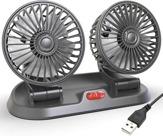 Dual Head Car Fan, Portable Vehicle Cooling Fan with 2 Speeds, 360° Rotatable Adjustable Dashboard Air Circulator, USB Powered for SUV RV Truck Sedan Cruise, Cigarette Lighter Adapter Required by Unknown