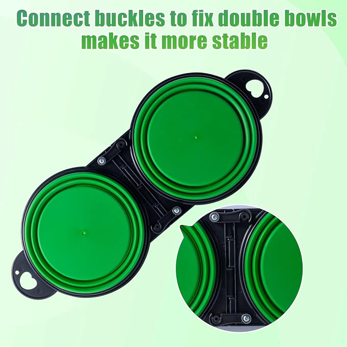SLSON Collapsible Dog Dual Bowls Reinforced Rim 180 Degrees Flip Over Foldable Double Bowl with Lock Clips More Stable Dog Travel Bowls Pet Food Water Feeder (Green) - Image 3
