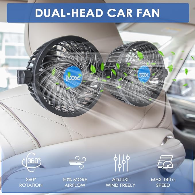XOOL Clip Car Fan, Adjustable Dual Head 4 Inches 12V Fan for Front/Rear Seat Passenger, 360° Rotatable Electric Car Cooling Fans with Stepless Speed Regulation for SUV, RV, Vehicles - Image 3