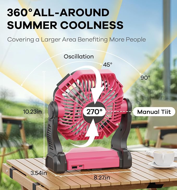 DOWILLDO 30000mAh Portable Battery Powered Camping Fan - with LED Light, Quiet Battery Operated, Camping Gear for Travel, Tent, Beach, Car or Hurricane Power Outages, Pink - Image 2