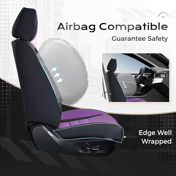 Coverado Car Seat Covers Full Set, Nappa Leather Seat Covers for Cars, Car Seat Protector Car Seat Cushion, Front and Back Seat Protectors Cushions Universal Fit for Most Cars Vehicles(Black&Purple) - Image 7