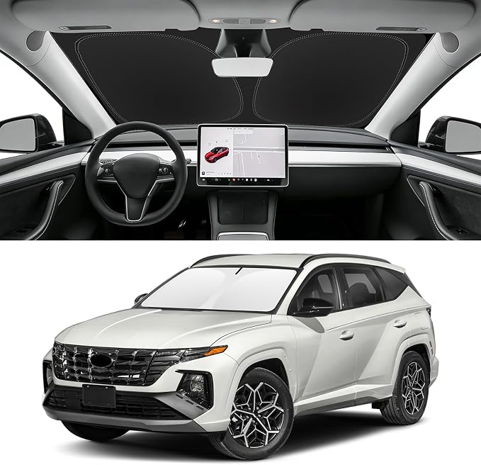 Custom Fit Windshield Sun Shade for Hyundai Tucson 2022-2026 | Blocks UV Rays and Sun Heat, Helps Reduce Interior Temperature, Protects Dashboard from Fading, Folds Easily for Storage by SLOGENTO