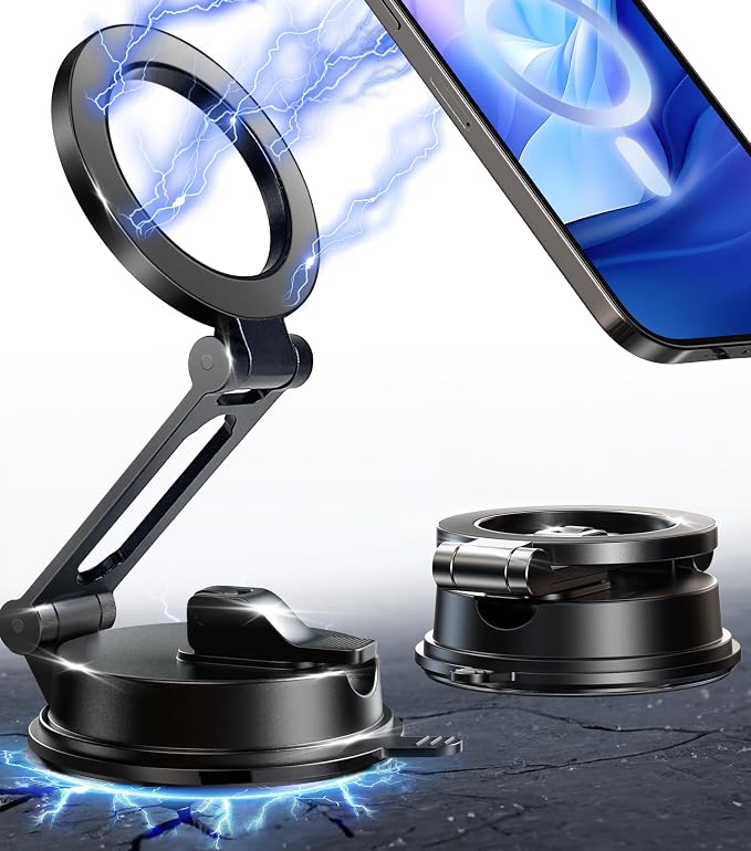【Vacuum Suction Folding Car Mount】Magnetic Car Phone Holder for magsafe, Aerospace Alloy Arm, Best Dashboard/Windshield/Screen Holder for Your Car/Tesla/Gym/Mirror/Shower/Smooth Surface/iPhone by AREDAN