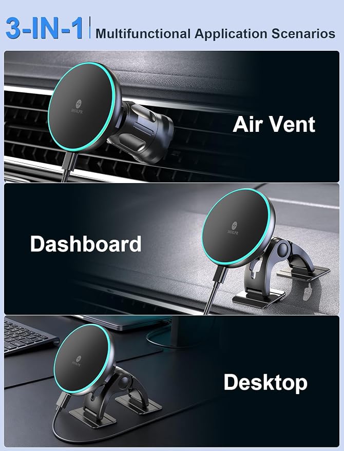 for iPhone Magsafe Car Mount Charger Vent-LED Wireless Car Charger | Magnetic Car Phone Holder HandsFree Car Mount Fast Car Charger for iPhone 17/16/15/14/13/12 Series - Image 3