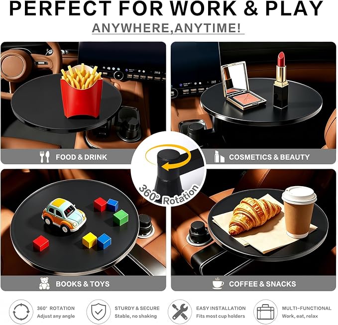 Car Tray Table & Car Desk for Laptop, Dual 360° Rotating Cup Holder Tray, Anti-Slip Leather-Textured Car Food Tray for Eating, Working & Makeup, Compatible with Tesla Model Y/3/S & Most Vehicles - Image 2