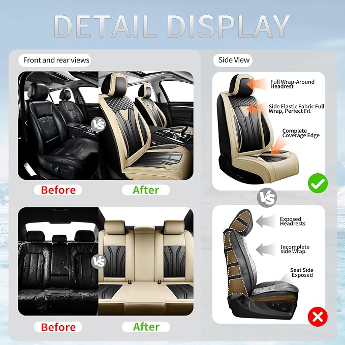 Fit Highlander Premium Leather Car Seat Covers for Toyota Highlander 2007-2025 2026 - Waterproof，Breathable，All-Weather Seat Cushion Protecto & Airbag Compatible, 2 Front Seat Beige&Black - Image 5