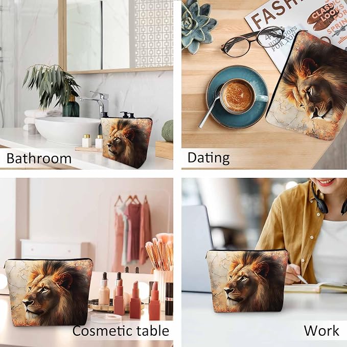 Makeup Bag Lion Makeup Bags For Purse Pouch, Wildlife Forest King Lion Travel Toiletry Bag Cosmetic Bag Makeup Bags Flax Makeup Organizer Bag Pencil Pouch For Man Woman, Brown - Image 6