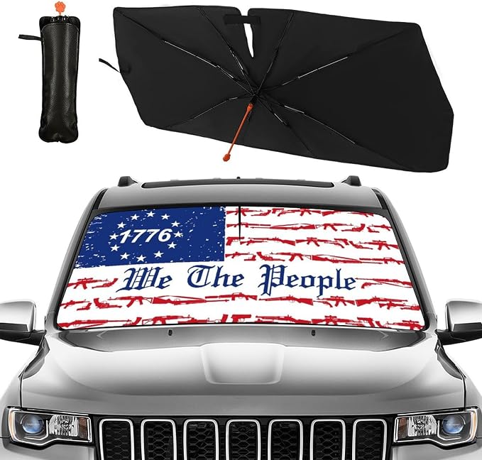 CHILL·TEK Funny Car Windshield Sun Shade Umbrella, American Flag Car Sun Shade Umbrella, Block UV Rays Heat Foldable Windshield Umbrella Sun Visor Protector - Keep Vehicle Cool for Cars SUV - Image 2