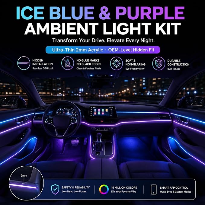 Acrylic Interior Car Ambient Lighting Kits, LED Strip Lights with Wireless APP, Neon Fiber Optic Lights Function LED Strip for Car with Music Modes (6 in 1) - Image 6