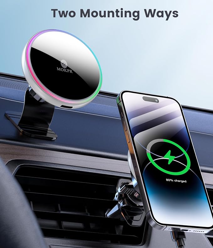 for Magsafe Car Mount Charger 15W LED RGB Car Phone Holder for Dash Vent | HandsFree Magnetic Wireless Car Charger Car Mount Fast Car Charger for iPhone 17 16 15/14/13/12 Series Silver - Image 2
