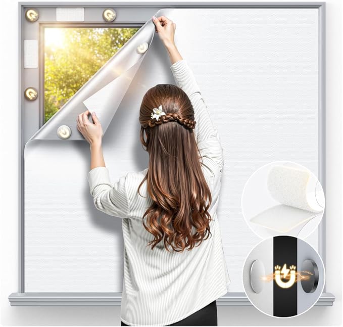 Magnetic Blackout Window Cover Portable 100% Blackout Curtains for Bedroom | 70" x 58" Blackout Blinds no Drill Temporary Blackout Shades Window Film for Media Room Travel Skylight RV- White by Unknown