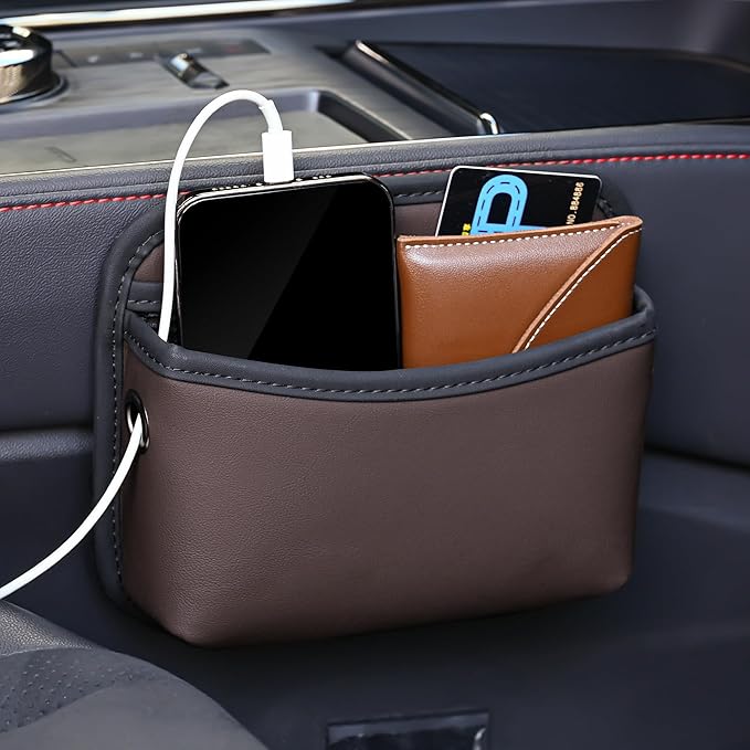 JEYODA Car Seat Side Storage Pocket, Small Organizer,PU Leather Multifunctional Console Side Organizer Bag for Phone, keys, sunglass,wallet,ect (Brown) by JEYODA