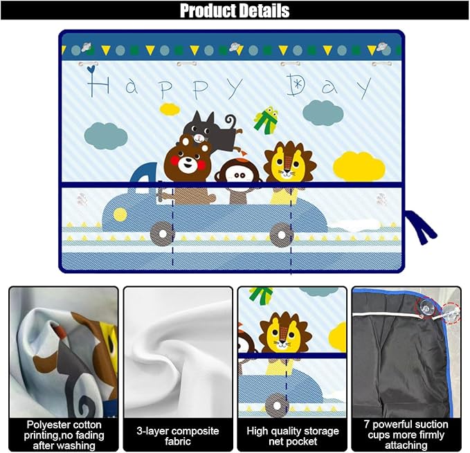 GLSOWEE Car Window Shade for Baby, Blackout Car Window Curtain, Animals | Storage Pockets & 7 Suction Cups, Cartoon Pattern Car Side Window Sun Shade Cover for Sun/Heat/UV Rays Protection, Blue - Image 4
