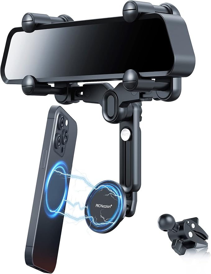 PROfezzion Car Rearview Mirror Magnetic Phone Mount Holder for MagSafe | Vent Clip Included, No Vibrating, Eye-level View, Length & Angle Adjustment, for iPhone 17 16 15 14 13 Pro Max & All Phones by PROfezzion