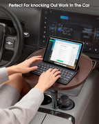 Car Tray Table & Car Laptop Desk with 360° Rotation & Phone Holder - Wooden Cup Holder Table, Car Laptop Mount & Food Tray Compatible with Tesla Model Y/3/S and Most Vehicles Walnut - Image 2