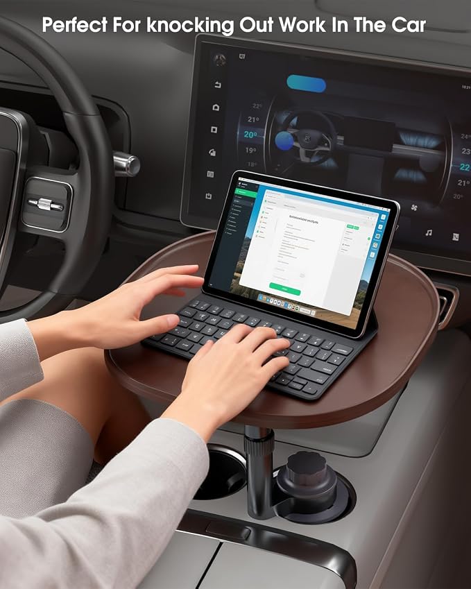 Car Tray Table & Car Laptop Desk with 360° Rotation & Phone Holder - Wooden Cup Holder Table, Car Laptop Mount & Food Tray Compatible with Tesla Model Y/3/S and Most Vehicles Walnut - Image 2