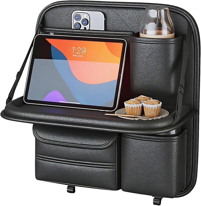 Car Backseat Organizer with Foldable Table Tray,Hanging Storage Bag with Touch Screen Phone Holder,Premium PU Leather Material,Compatible with Most Vehicles,Inner Car Accessories by KEJJRIUTN
